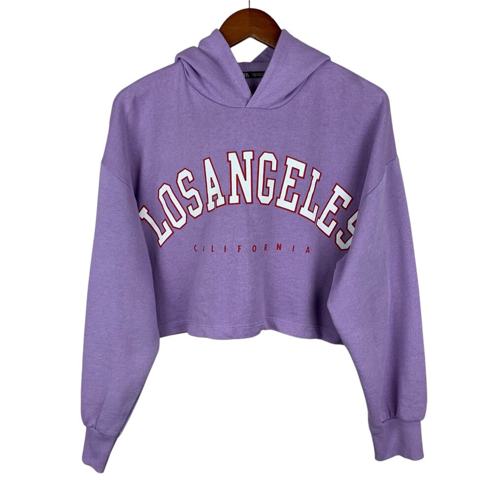 Zara Hoodie Sweatshirt Cropped Purple Varsity Los Angeles California Women's M